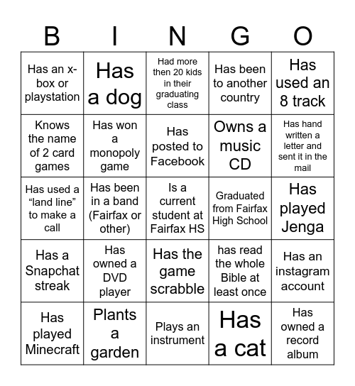 Fairfax Community Youth Bingo Card