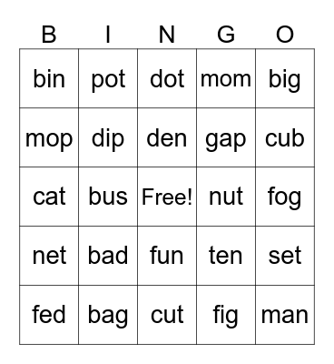Lesson 19: short vowels Bingo Card