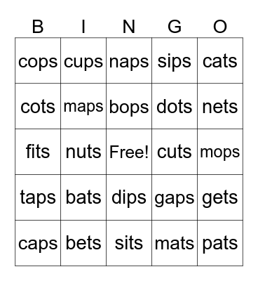 Lesson 20: -s /s/ Bingo Card