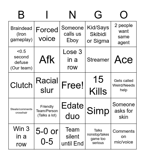 Valorant Bingo Card