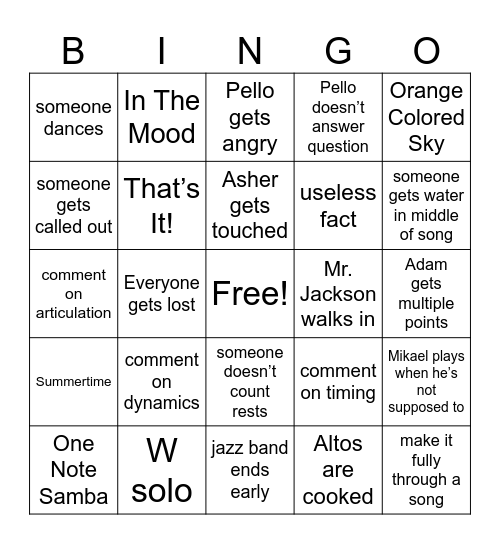 Jazz Band (start after warmups) Bingo Card