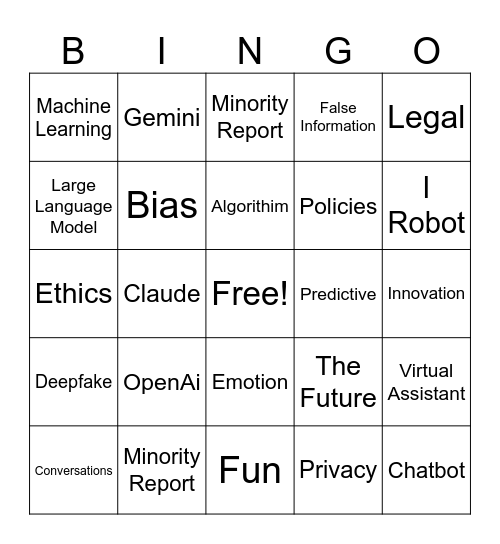 Artificial Intelligence Bingo Card