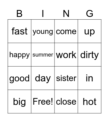 Opposites Bingo Card