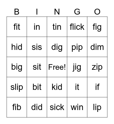 Short i Bingo Card