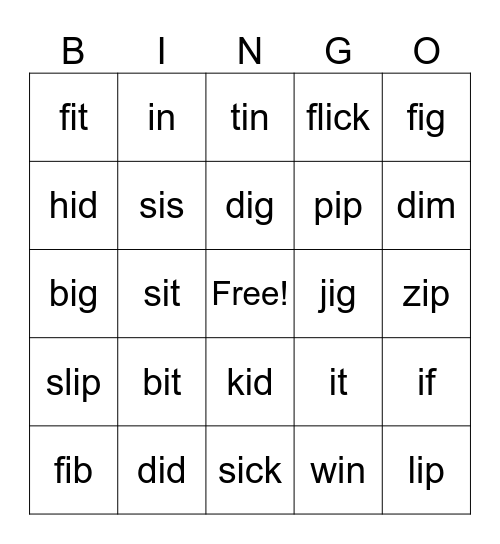 Short i Bingo Card