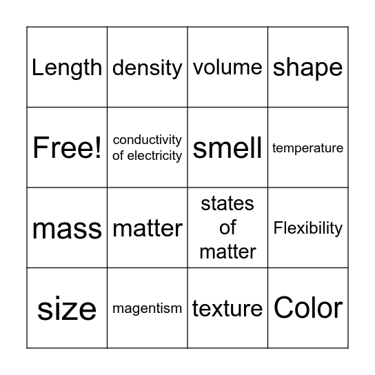 Physical Properties of Matter Bingo Card