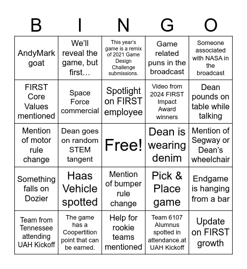 2025 Kickoff Bingo Card