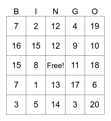 Addition and Subtraction Bingo Card