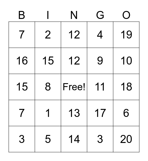 Addition and Subtraction Bingo Card