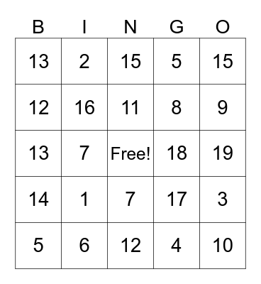 Addition and Subtraction BINGO Card