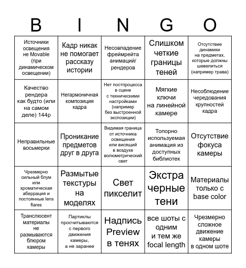 Не очень красивый синематик Bingo Card