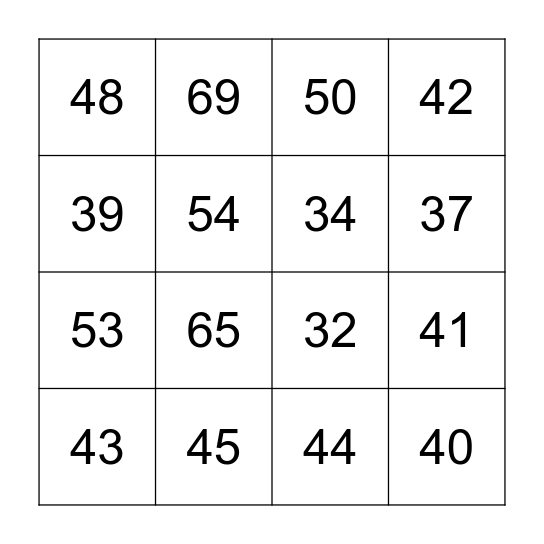 Les nombres 31-70 Bingo Card