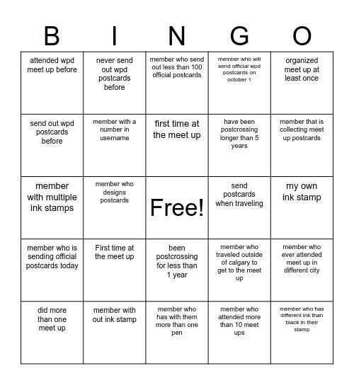 Postcrossing bingo Card