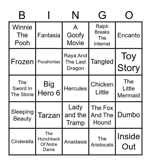 Disney Movies Bingo Card