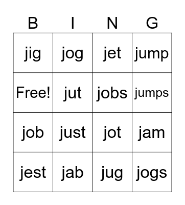 Lesson 29: j /j/ Bingo Card