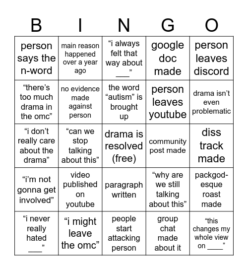 OMC “Drama” Bingo Card