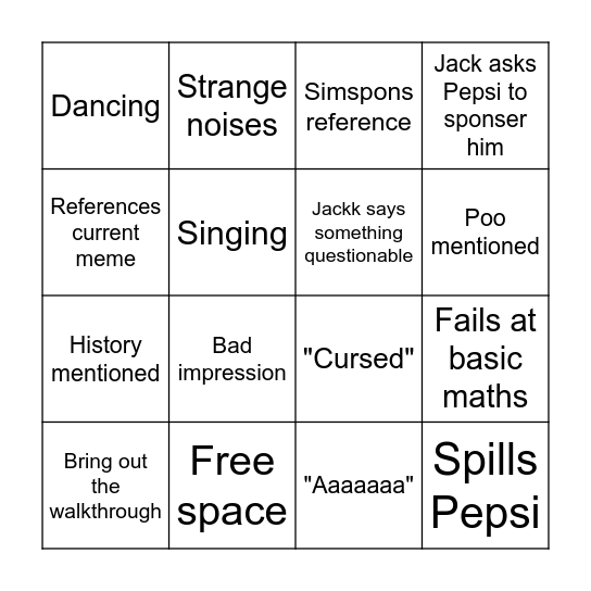 Jackk Stream Bingo Card