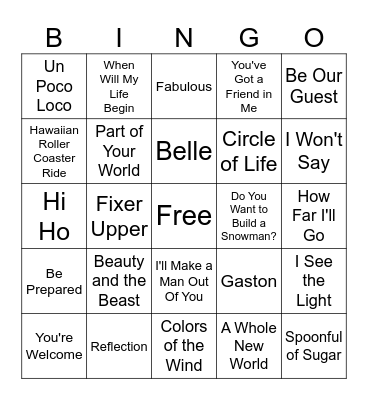 Disney Music Bingo Card