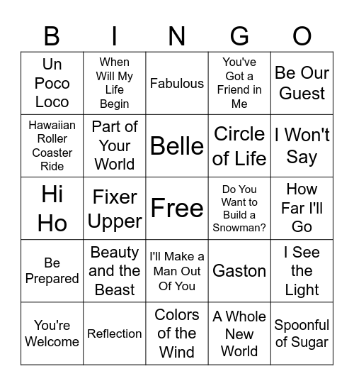 Disney Music Bingo Card