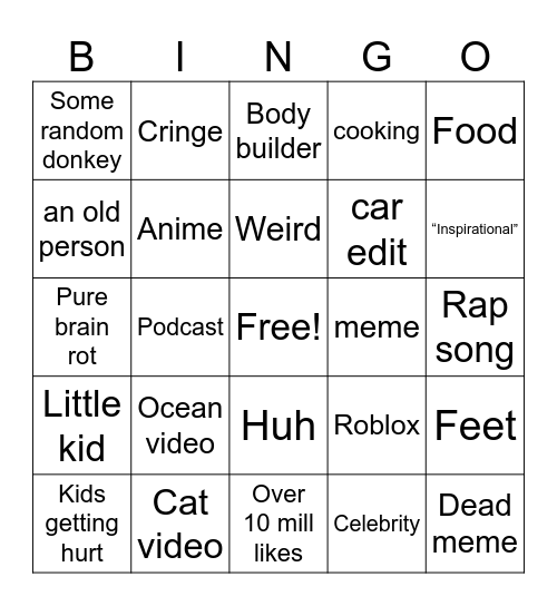 Youtube Shorts Bingo Card