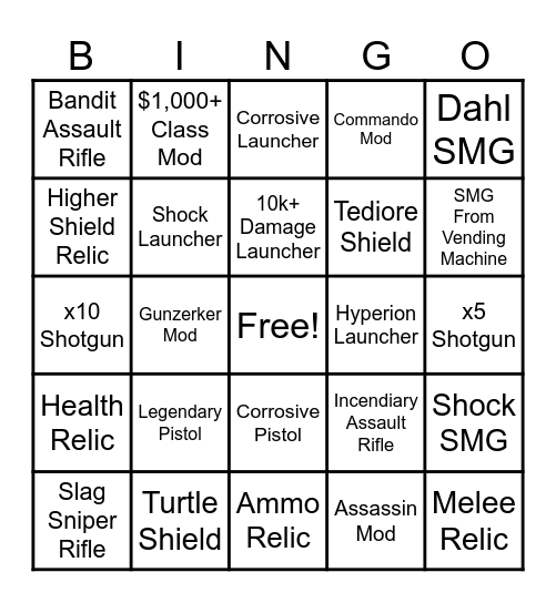 Borderlands 2 Item Bingo Card