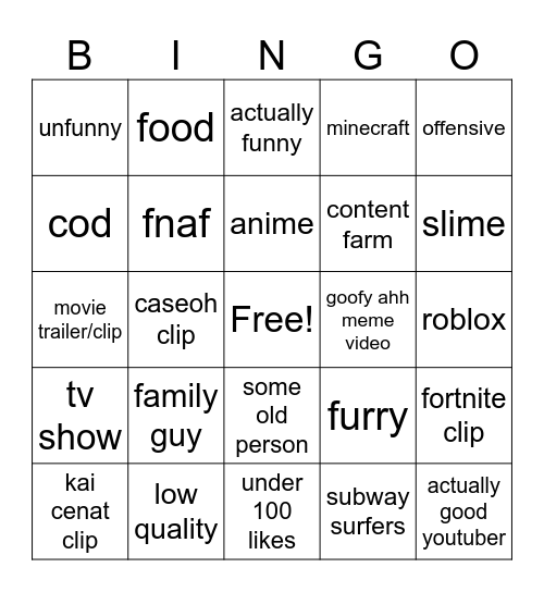 youtube shorts bingo Card