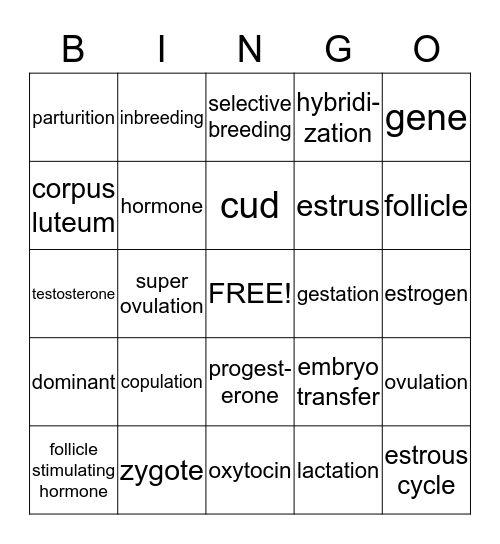 Animal Reproduction Bingo Card