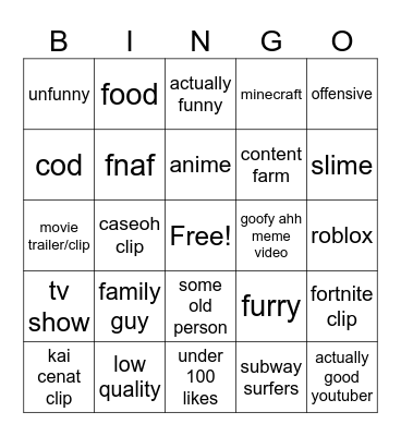 youtube shorts bingo Card