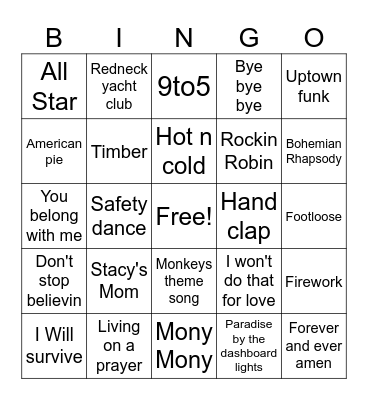 SING ALONG SONGS Bingo Card