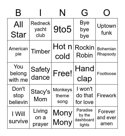 SING ALONG SONGS Bingo Card