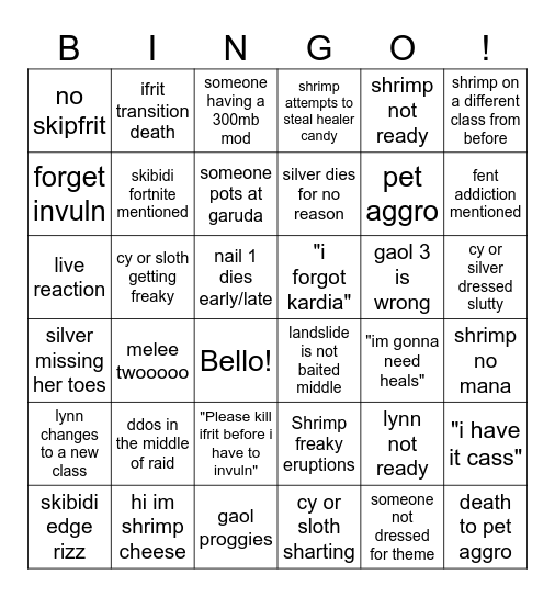 UWU Rangers Bingo Card