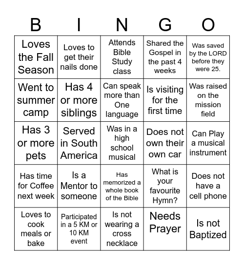 FELLOWSHIP BINGO Card