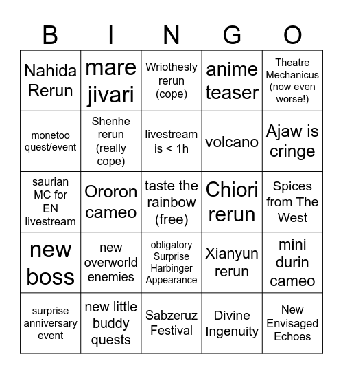 Genshin 5.1 Livestream Bingo (Rainbow Flavor) Bingo Card