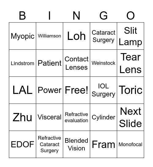 Refractive Lens Exchange BINGO Card