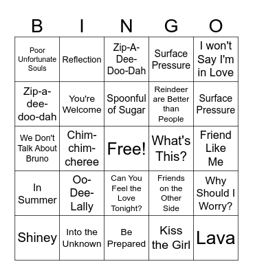 Disney Song Bingo Card