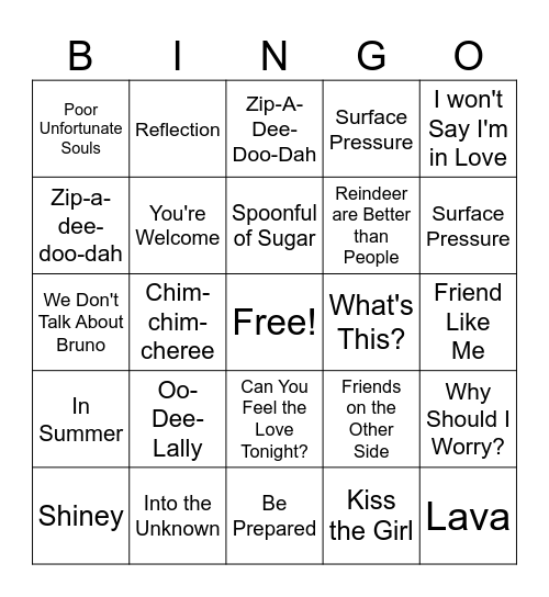 Disney Song Bingo Card