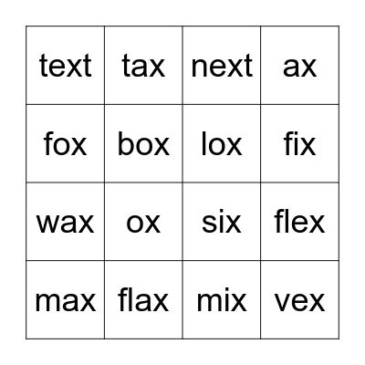 Lesson 31: x /ks/ Bingo Card