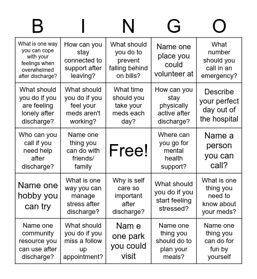 Discharge Bingo Card