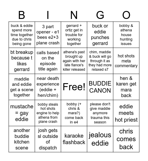 911 Season 8 Bingo Card