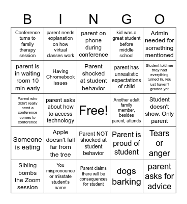 Parent Teacher Conferences on Zoom Bingo Card