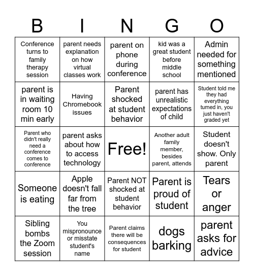 Parent Teacher Conferences on Zoom Bingo Card