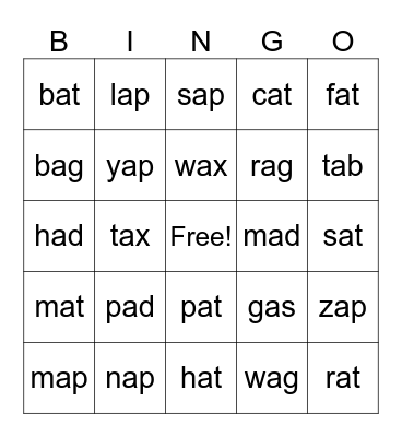 Lesson 35a: Short A Review Bingo Card