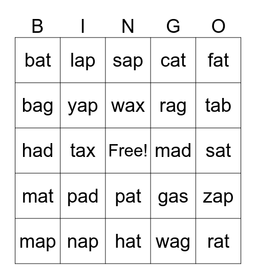 Lesson 35a: Short A Review Bingo Card
