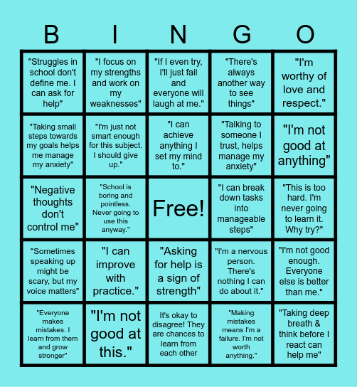 Growth & Fixed mindset Bingo Card