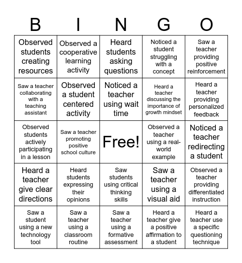 Peer Observations Bingo Card