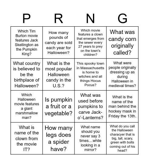 Halloween BINGO with TRIVIA Bingo Card