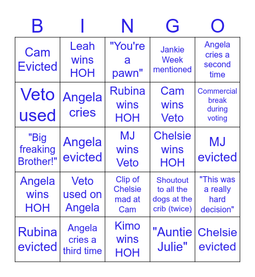 Big Brother 26 Double Eviction Night Bingo Card