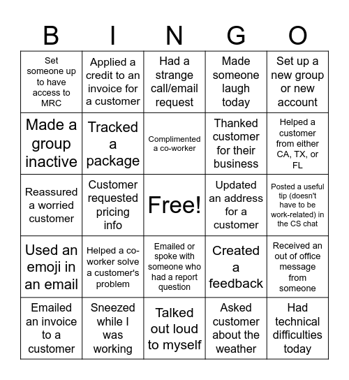 Customer Service Bingo Round 2 Bingo Card