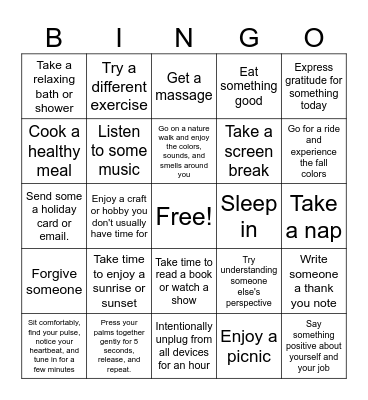 Mindfulness/Relaxation Bingo Card