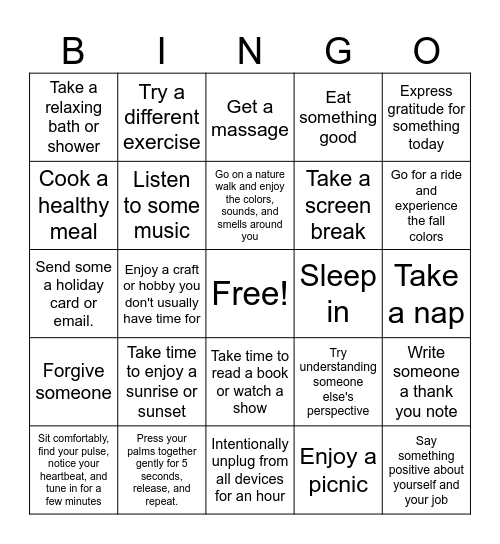 Mindfulness/Relaxation Bingo Card